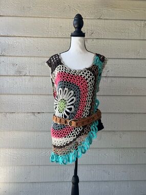 Y2K Crochet Floral Asymmetrical Tunic Top in Teal, Pink & Brown Festival